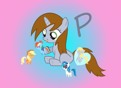 Size: 3819x2778 | Tagged: artist needed, source needed, safe, applejack, derpy hooves, dj pon-3, rainbow dash, vinyl scratch, oc, oc:littlepip, pony, unicorn, fallout equestria, g4, :p, cute, female, filly, filly littlepip, heart pillow, high res, pipabetes, playing, pointy ponies, pony dolls, tongue out, toy