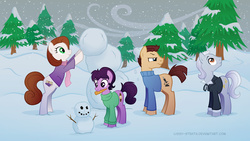 Size: 1366x768 | Tagged: safe, artist:lissystrata, doctor whooves, time turner, earth pony, pony, g4, barbara wright, crossover, doctor who, female, first doctor, ian chesterton, male, mare, multiple characters, ponified, show accurate, snow, snowfall, snowman, stallion, susan foreman, the doctor, winter