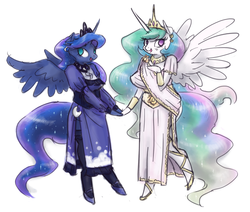 Size: 1280x1084 | Tagged: safe, artist:king-kakapo, princess celestia, princess luna, anthro, unguligrade anthro, g4, arm hooves, breasts, busty princess celestia, choker, clothes, crown, cuffs (clothes), dress, duo, ear piercing, earring, ethereal mane, ethereal tail, female, jewelry, looking at you, open mouth, piercing, puffy sleeves, regalia, sash, siblings, side slit, simple background, sisters, sparkly mane, sparkly tail, spread wings, starry mane, starry tail, stockings, tail, the royal sisters, thigh highs, tiara, white background, wings