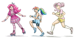 Size: 1600x853 | Tagged: safe, artist:king-kakapo, fluttershy, pinkie pie, rainbow dash, human, g4, clothes, dress, humanized, jogging, midriff, roller skates, shorts, skirt, sneakers, sneakers fetish, socks