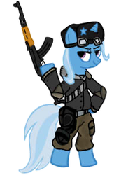 Size: 228x300 | Tagged: safe, artist:not_shiggy, trixie, pony, g4, ak-47, assault rifle, bipedal, clothes, female, gas mask, gun, solo, uniform, weapon