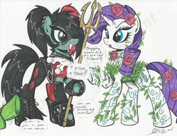 Size: 1024x791 | Tagged: safe, artist:ponygoddess, rarity, oc, oc:sappho, g4, aquaman, clothes, cosplay, costume, dialogue, hair over one eye, harley quinn, latex, poison ivy, trident, violence