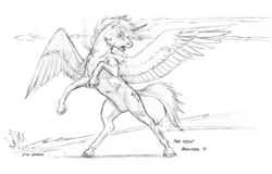 Size: 1100x702 | Tagged: safe, artist:baron engel, oc, oc only, oc:free agent, alicorn, pony, fanfic:a different perspective, fanfic art, frothing, magic, monochrome, pencil drawing, solo, spread wings, traditional art