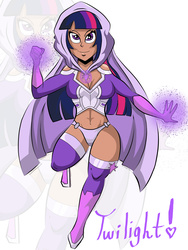 Size: 2344x3125 | Tagged: safe, artist:satoshitakeo, twilight sparkle, human, spiders and magic: rise of spider-mane, g4, amethyst sorceress, belly button, cape, clothes, commission, costume, dark skin, female, high res, hood, humanized, midriff, solo, superhero