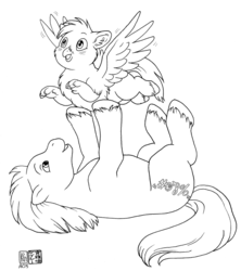 Size: 887x1000 | Tagged: safe, artist:kacey miyagami, oc, oc only, oc:long path, oc:lucida path, classical hippogriff, earth pony, hippogriff, pony, fanfic:a different perspective, cute, fanfic art, foal, monochrome, unshorn fetlocks