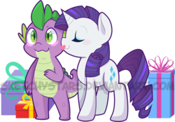 Size: 3194x2224 | Tagged: safe, artist:mochi--pon, rarity, spike, g4, cheek kiss, cute, female, high res, kissing, male, ship:sparity, shipping, simple background, straight, transparent background, watermark