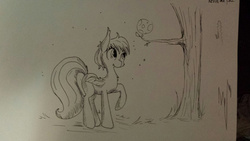 Size: 1280x720 | Tagged: safe, artist:tjpones, oc, oc only, bat pony, pony, monochrome, moon, solo, traditional art, tree