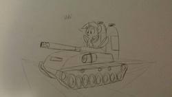 Size: 1280x720 | Tagged: safe, artist:tjpones, twilight sparkle, g4, female, flame tank, flamethrower, monochrome, solo, tank (vehicle), traditional art, weapon