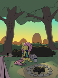 Size: 714x959 | Tagged: safe, artist:metal-kitty, fluttershy, bear, pegasus, pony, g4, blushing, camping, crossover, dead, female, fireplace, forest, mare, sitting, snipershy, team fortress 2, tent, tongue out, tree, x eyes