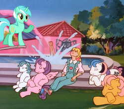 Size: 586x515 | Tagged: safe, edit, edited screencap, screencap, danny williams, gingerbread, lyra heartstrings, megan williams, north star (g1), posey, human, g1, g4, my little pony 'n friends, the glass princess, poolside, sitting, sitting lyra, swimming, swimming pool, that pony sure does love humans