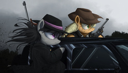 Size: 2000x1155 | Tagged: safe, artist:ncmares, applejack, octavia melody, pony, g4, car, clothes, colored pupils, gun, hat, mafia octavia, newbie artist training grounds, pistol, revolver, tommy gun