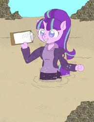Size: 1700x2200 | Tagged: safe, artist:luckykid7, starlight glimmer, unicorn, anthro, blazer, business suit, clipboard, clothes, dilbert, dirty, elbonia, fake smile, female, muck, mud, nervous, quicksand, skirt, smiling, solo, the dilbert zone, this will end in tears and/or death, wasteland