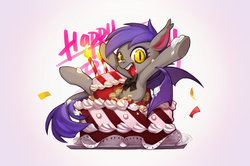 Size: 1024x681 | Tagged: safe, artist:ciciya, oc, oc only, oc:midnight blossom, bat pony, pony, birthday cake, bowtie, cake, candle, cute, happy birthday, hooves up, looking at you, open mouth, solo
