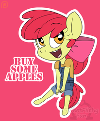 Size: 998x1212 | Tagged: safe, artist:dativyrose, apple bloom, earth pony, anthro, unguligrade anthro, g4, buy some apples, chibi, cute, female, overalls, solo