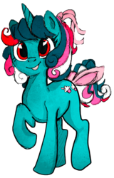 Size: 384x600 | Tagged: safe, artist:dbkit, fizzy, pony, twinkle eyed pony, unicorn, g1, g4, cute, female, g1 to g4, generation leap, grin, looking at you, mare, raised hoof, ribbon, simple background, smiling, solo, transparent background
