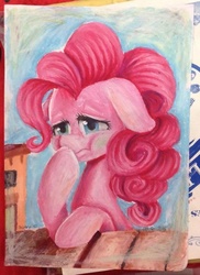 Size: 525x720 | Tagged: safe, artist:iponylover, pinkie pie, g4, the cutie map, female, scene interpretation, solo, traditional art, winnie the pink