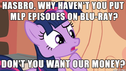 Size: 610x343 | Tagged: safe, edit, edited screencap, screencap, twilight sparkle, g4, blu-ray, hasbro, image macro, meme, money