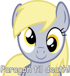 Size: 616x668 | Tagged: safe, edit, derpy hooves, pegasus, pony, g4, dragon ball, dragonball z abridged, female, mare, mass effect, paragon, paragon till death, quote, renegade for life, solo, son goku, you had one job