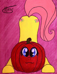 Size: 784x1018 | Tagged: safe, artist:tristantreg, fluttershy, g4, halloween, holiday, jack-o-lantern, looking at you, pumpkin
