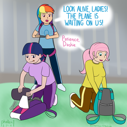 Size: 2000x2000 | Tagged: safe, artist:phallen1, fluttershy, rainbow dash, twilight sparkle, human, g4, air ponyville, alternate hairstyle, high res, humanized, newbie artist training grounds, packing, parachute