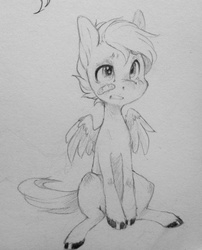 Size: 540x668 | Tagged: safe, artist:kazee-snow-leopard, scootaloo, g4, bandaid, black and white, female, grayscale, monochrome, sitting, sketch, solo, traditional art