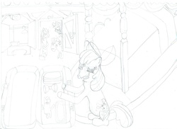 Size: 2338x1700 | Tagged: safe, artist:cmc--scootaloo, apple bloom, applejack, big macintosh, granny smith, earth pony, pony, bloom & gloom, g4, male, monochrome, stallion