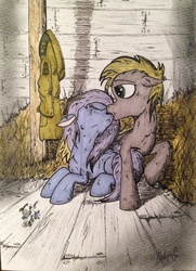 Size: 1024x1415 | Tagged: safe, artist:incrediblepanzer, oc, oc only, earth pony, pony, crying, duo, female, kissing, male, oc x oc, prone, sad, shipping, straight, traditional art