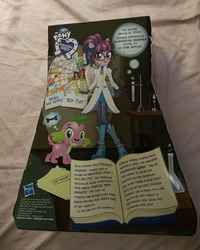 Size: 1152x1439 | Tagged: safe, sci-twi, spike, spike the regular dog, twilight sparkle, dog, equestria girls, g4, my little pony equestria girls: friendship games, box art, bunsen burner, clothes, equestria girls logo, lab coat, science