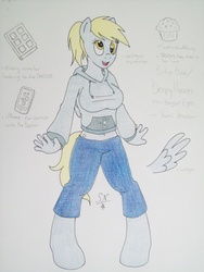 Size: 768x1024 | Tagged: safe, artist:sangee-13-neuroy, derpy hooves, anthro, unguligrade anthro, g4, belly button, breasts, busty derpy hooves, female, midriff, reference sheet, solo, sweater puppies, traditional art