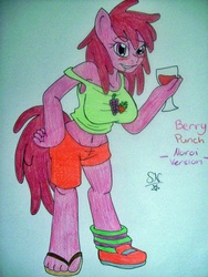 Size: 768x1024 | Tagged: safe, artist:sangee-13-neuroy, berry punch, berryshine, earth pony, anthro, g4, belly button, blushing, clothes, cutie mark on clothes, drunk, female, mare, midriff, reference sheet, solo, tank top, traditional art, wine bottle