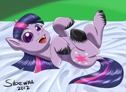 Size: 3509x2550 | Tagged: safe, artist:siberwar, twilight sparkle, pony, unicorn, g4, bed, bellyrubs, cute, female, filly, happy, hooves, legs in air, looking at you, on back, open mouth, smiling, solo, twiabetes, underhoof, unicorn twilight, unshorn fetlocks