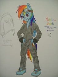 Size: 768x1024 | Tagged: safe, artist:sangee-13-neuroy, rainbow dash, pegasus, anthro, g4, bodysuit, breasts, cutie mark on clothes, delicious flat chest, female, goggles, solo, tomboy, traditional art, wonderbolt trainee uniform