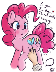 Size: 771x995 | Tagged: safe, artist:pilla, pinkie pie, oc, oc:anon, earth pony, human, pony, g4, ..., :o, blushing, crying, dialogue, eyes on the prize, female, flower, friendshipping, hand, heart, implied anon, mare, pinkie sense, raised hoof, shivering, shy, simple background, white background