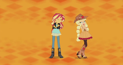 Size: 1363x727 | Tagged: safe, screencap, applejack, sunset shimmer, equestria girls, friendship through the ages, g4, alternate hairstyle, boots, country applejack, cute, dancing, grin, high heels, jackabetes, lidded eyes, linedancing, pigtails, shimmerbetes, sleeveless, smiling, spurs