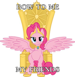 Size: 500x511 | Tagged: safe, artist:averagedraw, pinkie pie, alicorn, pony, g4, belly, element of laughter, female, image macro, meme, pinkiecorn, race swap, solo, throne, xk-class end-of-the-world scenario