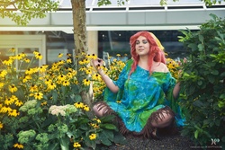 Size: 2048x1365 | Tagged: safe, artist:lochlan o'neil, artist:xen photography, tree hugger, human, g4, clothes, cosplay, costume, eyes closed, flower, irl, irl human, meditating, photo, sunflower