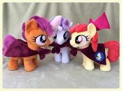 Size: 1600x1195 | Tagged: safe, artist:equinepalette, apple bloom, scootaloo, sweetie belle, g4, cape, clothes, cmc cape, cutie mark crusaders, irl, photo, plushie