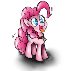 Size: 2000x2000 | Tagged: safe, artist:celine-artnsfw, pinkie pie, g4, behaving like a dog, bell, bell collar, blue eyes, collar, cute, diapinkes, female, high res, puppy pie, shaking, simple background, solo, tongue out