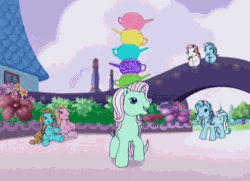 Size: 498x360 | Tagged: safe, screencap, minty, pony, a charming birthday, g3, animated, balancing, bowing, clumsy, fail, female, oh minty minty minty, silly, silly pony, smiling, teapot
