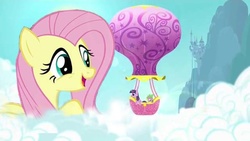 Size: 640x360 | Tagged: safe, artist:seattlesister, fluttershy, spike, twilight sparkle, pony, g4, balloon, cloud, cloudy, giant pony, hot air balloon, sky
