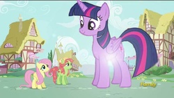 Size: 640x360 | Tagged: safe, artist:seattlesister, fluttershy, tree hugger, twilight sparkle, alicorn, pony, g4, discovery family logo, female, giant pony, giantess, growth, looking down, looking up, macro, mare, ponyville, twilight sparkle (alicorn)