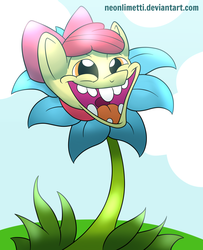 Size: 1024x1263 | Tagged: safe, artist:neoncel, apple bloom, g4, derp, faic, female, flower, flowey in the comments, grin, nightmare fuel, not salmon, pun, solo, undertale in the comments, wat