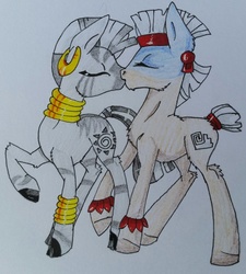 Size: 848x943 | Tagged: safe, artist:bleedingwings12, temple chant, zecora, earth pony, pony, zebra, g4, female, kissing, male, shipping, stallion, straight, traditional art, tribal pony, zechant