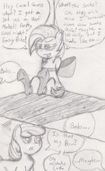 Size: 1639x2665 | Tagged: safe, artist:darkknighthoof, apple bloom, babs seed, g4, apple bloom's bow, black and white, bondage, bow, clothes, grayscale, hoof fetish, hooves, missing accessory, monochrome, stockings, traditional art, underhoof