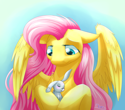 Size: 2500x2200 | Tagged: safe, artist:klarapl, angel bunny, fluttershy, pegasus, pony, g4, bust, floppy ears, high res, hoof hold, looking at something, looking down, portrait, spread wings, wings