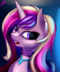 Size: 2952x3543 | Tagged: safe, artist:elzzombie, princess cadance, pony, g4, bedroom eyes, choker, fangs, female, goth, high res, mare, open mouth, piercing, solo, tongue out