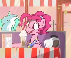 Size: 3538x2894 | Tagged: safe, artist:candylux, lyra heartstrings, pinkie pie, pony, g4, alternate hairstyle, clothes, diner, high res, milkshake