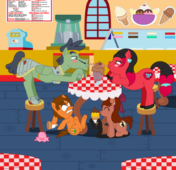 Size: 1554x1500 | Tagged: safe, artist:moominded, oc, oc only, oc:sweet valentina, earth pony, pegasus, pony, colt, female, filly, ice cream, male, mare, shadow, sharing a drink, stallion, straw