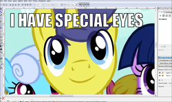 Size: 1290x768 | Tagged: safe, edit, edited screencap, screencap, cherry berry, comet tail, linky, shoeshine, twilight sparkle, g4, great moments in vectoring, image macro, inkscape, meme, microsoft windows, my brand, screenshots, special eyes, text, vector, wip