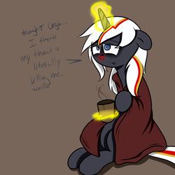 Size: 1500x1500 | Tagged: safe, artist:fullmetalpikmin, oc, oc only, oc:velvet remedy, pony, unicorn, fallout equestria, blanket, comic, fanfic, fanfic art, female, floppy ears, glowing horn, hooves, horn, levitation, magic, mare, open mouth, red nosed, sick, simple background, solo, telekinesis